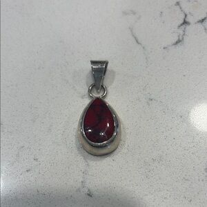 Silver and Red Jasper Teardrop Pendant; stamped